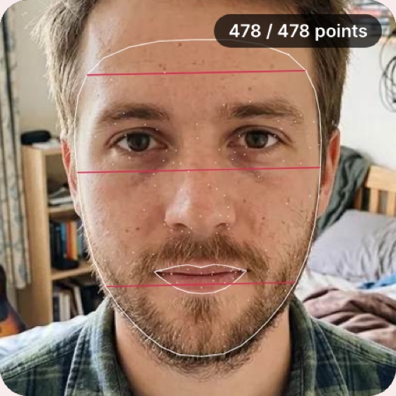 Face Shape Finder example: 478 landmarks measured on a sample selfie