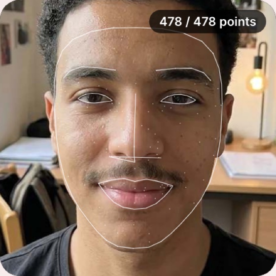 Rate My Face example: 478 landmarks measured on a sample selfie